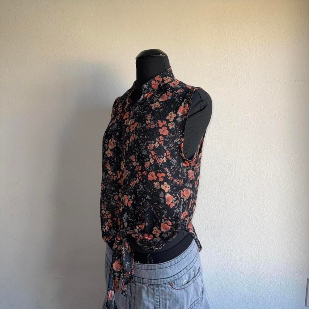 Brandy Melville Sheer Crinkle Floral Button Up Tie Front Top Black Coral Y2K OS